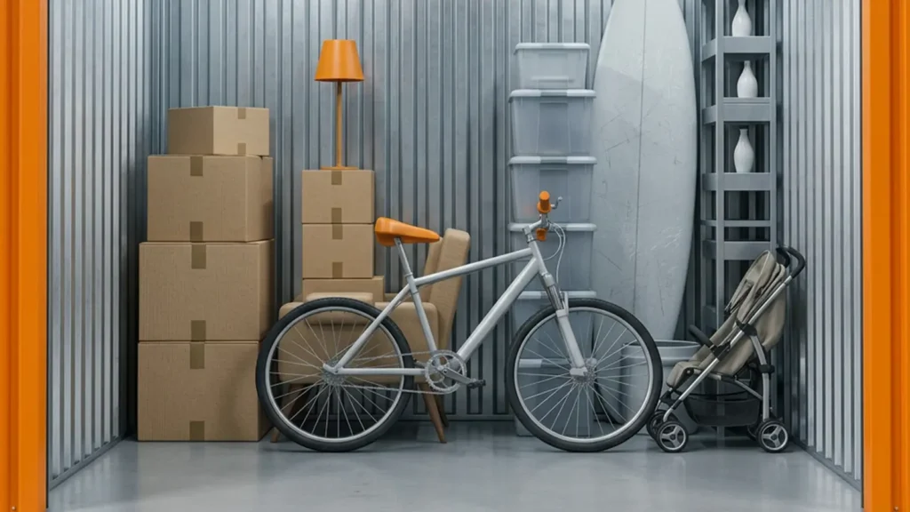 Trastero de alquiler en Ávila con bicicleta, cajas, carrito de bebé, pequeños muebles y tabla de surf