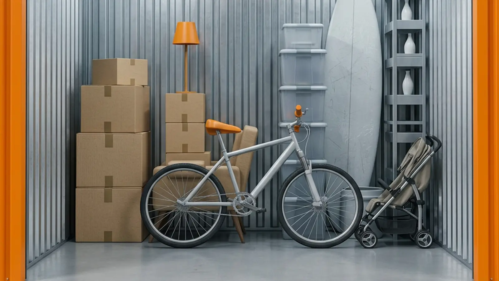 Trastero de alquiler en Ávila con bicicleta, cajas, carrito de bebé, pequeños muebles y tabla de surf