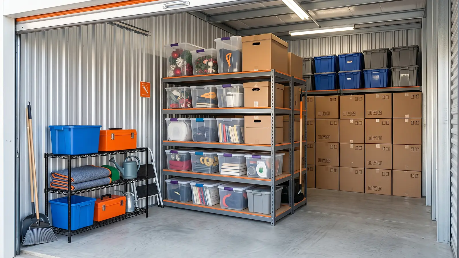 Trastero organizado con estanterías, cajas y contenedores para mantener el orden